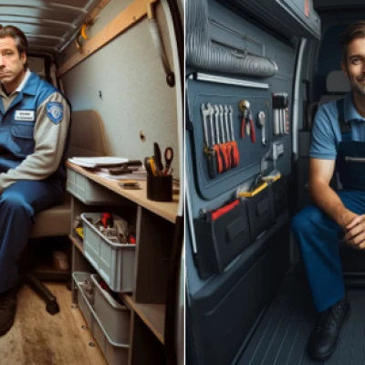 Split image comparing two van interiors to illustrate the impact of van upfitting. On the left, a service worker looks unhappy in a cluttered, unoptimized van interior. On the right, a cheerful service worker sits in a well-organized, upfitted van with tools neatly arranged, demonstrating increased workplace satisfaction.